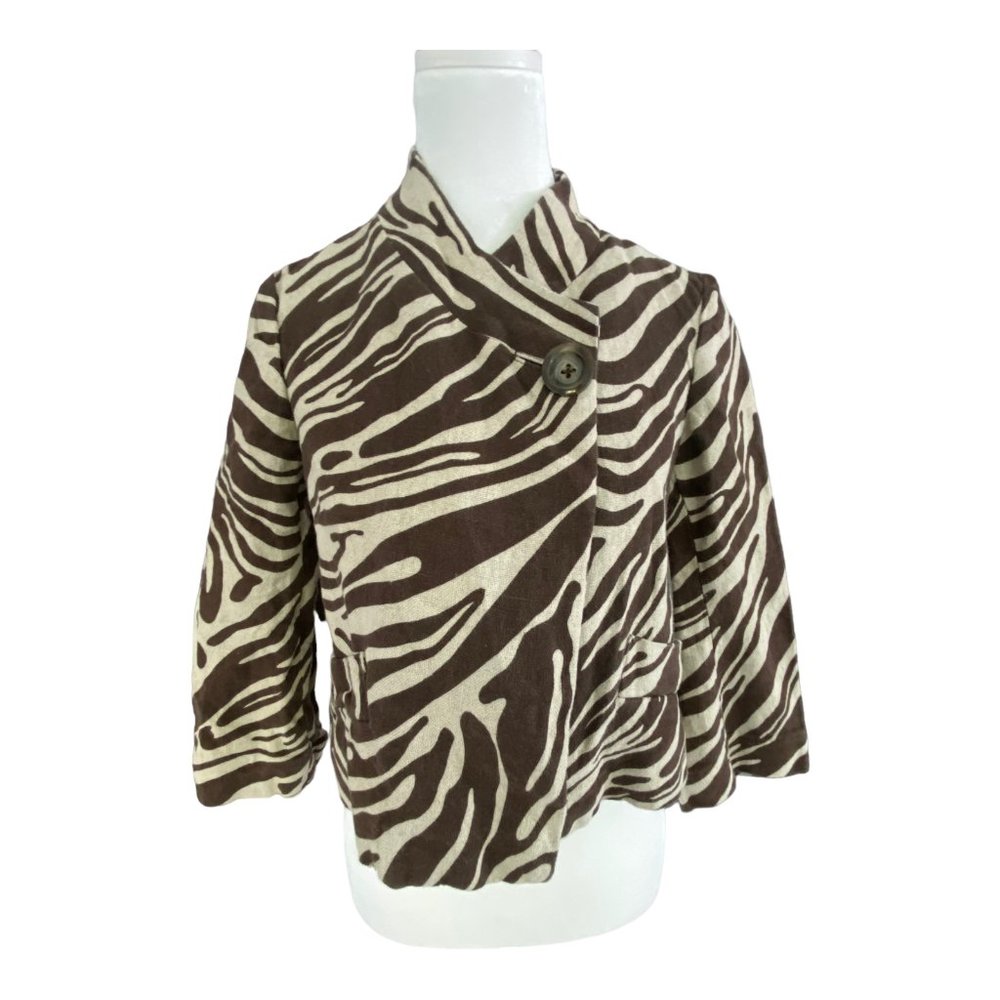 Michael Kors Brown & Tan Animal Zebra Print Swing Linen Cropped Jacket Size 4